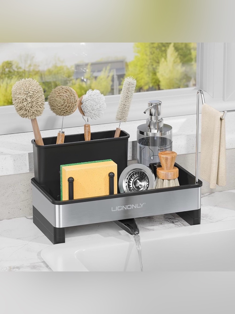 Sponge Holder for Kitchen Sink, Stainless Steel Sink Caddy with Auto Drain Tray